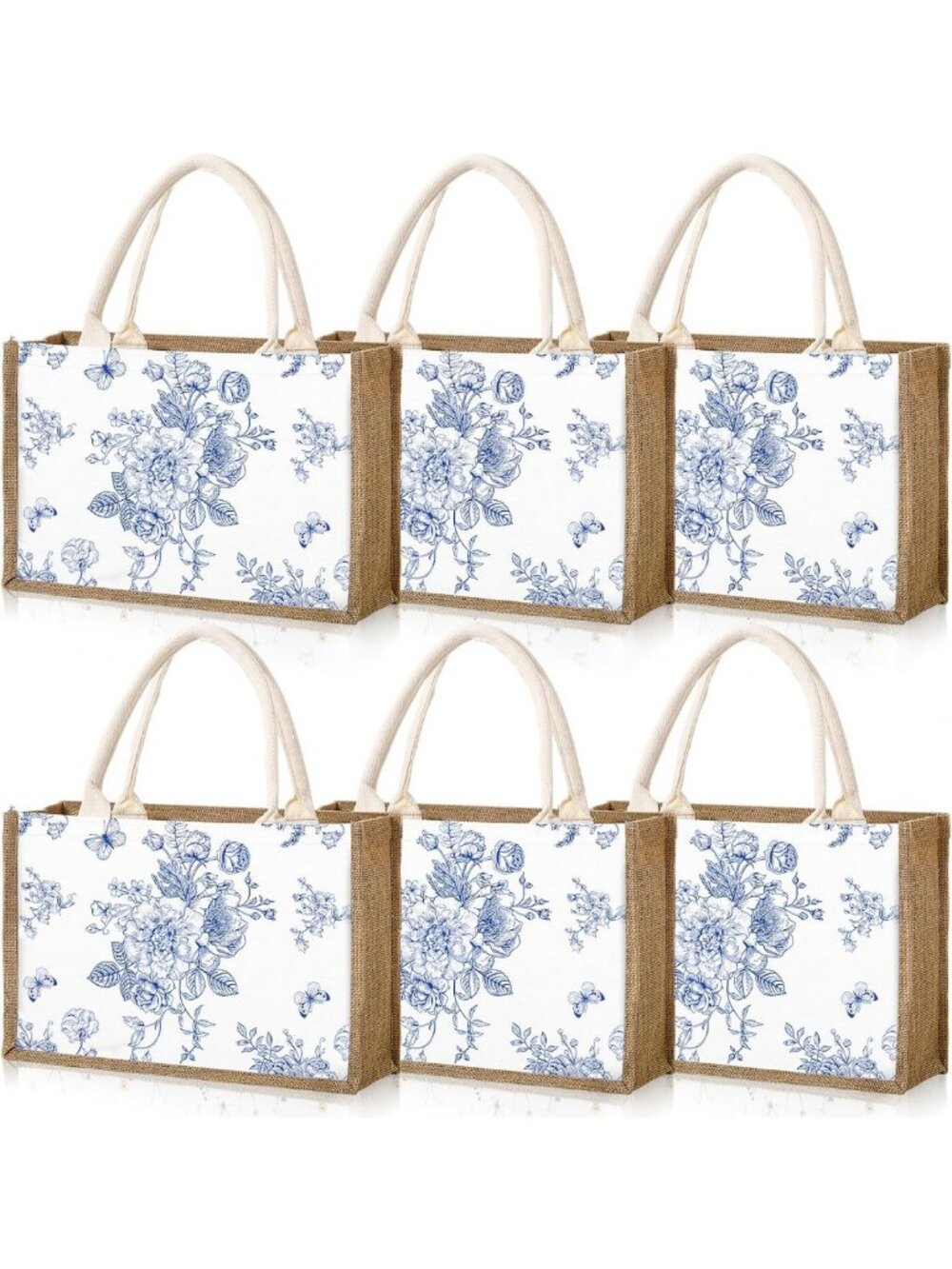 6 Pack Floral Burlap Tote Bags - Large Reusable Beach & Grocery Bags with